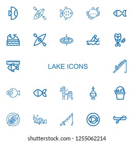 Editable 22 lake icons for web and mobile. Set of lake included icons line Fish, Kayak, Jet ski, Fishing rod, Rowing, Fishing, Canoe on white background