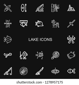 Editable 22 lake icons for web and mobile. Set of lake included icons line Kayak, Fishing, Jet ski, Fish, Canoe, Cryptozoology, Fishing rod on black background