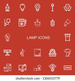 Editable 22 lamp icons for web and mobile. Set of lamp included icons line Lantern, Idea, Light, Lamp, Furniture, Voltmeter, Traffic light, Spotlight, Bulb, Nightstand on red background