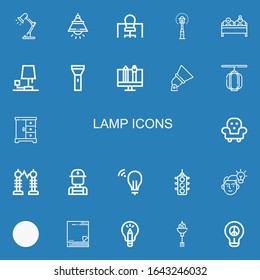 Editable 22 lamp icons for web and mobile. Set of lamp included icons line Desk lamp, Office, post, Double bed, Flashlight, Graphic design, Spotlight on blue background