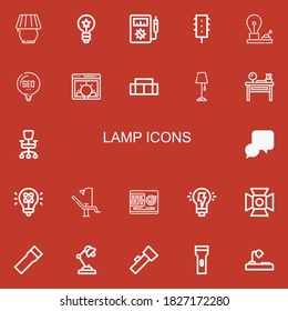 Editable 22 iconos de lámpara para web y móvil. Juego de lámparas con iconos de línea Lámpara, Idea, Voltímetro, Luz de tráfico, Bombilla, Sofá, poste, Mesa de vestir, silla de oficina sobre fondo rojo