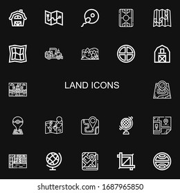 Editable 22 iconos de tierra para web y móvil. Conjunto de tierra incluye íconos línea Barn, Map, Fertilization, Field, Tractor, Hill, Terra, Landscape, Globe, Earth globo sobre fondo negro