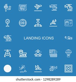 Editable 22 landing icons for web and mobile. Set of landing included icons line Control tower, Wireframe, Take off, Helicopter, Airport, Helipad, Wireframes on blue background
