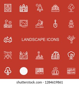 Editable 22 landscape icons for web and mobile. Set of landscape included icons line Picture, Angkor wat, Pine, Thatbyinnyu temple, Fruit tree, Beach, Mountains on red background