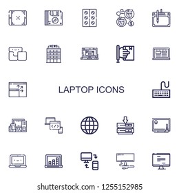 Editable 22 laptop icons for web and mobile. Set of laptop included icons line Tablet, Floppy disk, Tablets, Contact, Drawing tablet, Tetris, Office, Laptop on white background