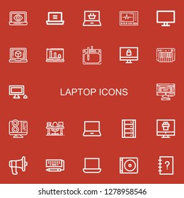 Editable 22 laptop icons for web and mobile. Set of laptop included icons line Laptop, Shopping online, Monitor, Computer, Drawing tablet, Keyboard, Personal computer on red background