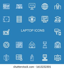 Editable 22 laptop icons for web and mobile. Set of laptop included icons line Desk, Laptop, Monitor, Internet, Office, Tablet, Server, Computer, Education on blue background