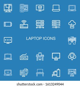 Editable 22 laptop icons for web and mobile. Set of laptop included icons line Monitor, Responsive, Computer, Laptop, Graphic tablet, Modem, Server, Keyboard on blue background