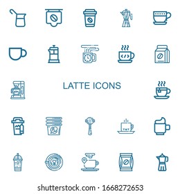 Editable 22 latte icons for web and mobile. Set of latte included icons line Coffee, Coffee maker, Cup, Coffee cup, French press, beans, machine on white background