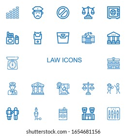Editable 22 iconos legales para web y móvil. El conjunto de leyes incluía iconos línea Ecualizador, Policía, Prohibido, Escala, Caja fuerte, Cigarrillo, pistola aturdidora, Tribunal, Comisaría de policía de fondo blanco