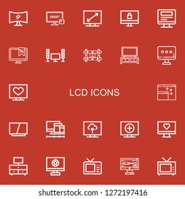 Editable 22 lcd icons for web and mobile. Set of lcd included icons line Television, Smart tv, Monitor, Wall bracket, Screen, Screens on red background