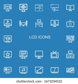 Editable 22 lcd icons for web and mobile. Set of lcd included icons line Monitor, Monitoring, Screen, Television, Desktop, Computing on blue background