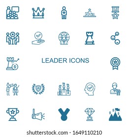 Editable 22 leader icons for web and mobile. Set of leader line icons including: Conference, Crown, Friend, Podium, Medal, Meeting, Success, Businessman, Rook on white background