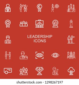 Editable 22 leadership icons for web and mobile. Set of leadership included icons line Businessman, Motivation, Prize, Modesty, Competition, Group, Team, Trophy on red background