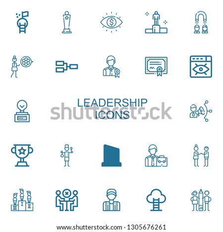 Editable 22 leadership icons for web and mobile. Set of leadership included icons line Goal, Award, Vision, Winning, Headhunting, Modesty, Competition, Employee on white background