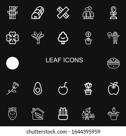 Editable 22 leaf icons for web and mobile. Set of leaf included icons line Bamboo, Greenhouse, Chewing gum, Forest, Plant, Clover, Palm tree, Tree, Growth on black background