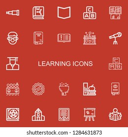 Editable 22 learning icons for web and mobile. Set of learning included icons line Telescope, Book, Abc, Student, Chemistry, Graduate, Demonstration, Cap, Learning on red background