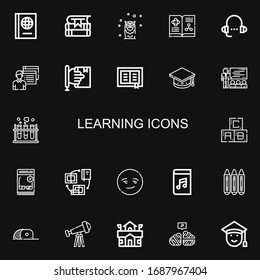 Editable 22 learning icons for web and mobile. Set of learning included icons line Book, Books, Owl, Lesson, Student, Learning, Mortarboard, Teacher, Chemistry on black background