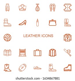 Editable 22 leather icons for web and mobile. Set of leather included icons line Suitcase, Bag, Boxing bag, Jacket, Leather, Boots, Heels, Punching bag, Purse on white background