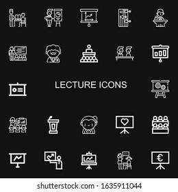 Editable 22 lecture icons for web and mobile. Set of lecture included icons line Teacher, Presentation, Training, Conference, Classroom, Lesson on black background