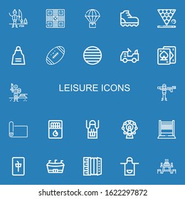 Editable 22 leisure icons for web and mobile. Set of leisure included icons line Ice fishing, Game, Parachute, Climbing, Snooker, Apron, Football, Ball, Mower on blue background