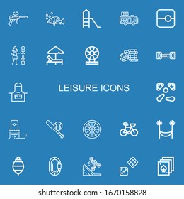 Editable 22 leisure icons for web and mobile. Set of leisure included icons line Paintball, Fishing, Playground, Caravan, Slide, Gardener, Sunbed, Roulette on blue background