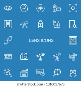Editable 22 lens icons for web and mobile. Set of lens included icons line Vision, Search, Camera, Focus, Telescope, Contact lens, Binoculars, Glasses, Exposure on blue background