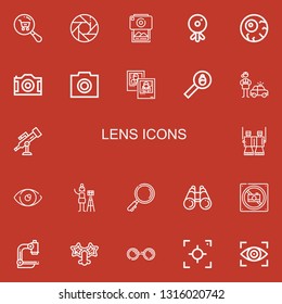 Editable 22 lens icons for web and mobile. Set of lens included icons line Search, Shutter, Photography, Webcam, Eyeball, Camera, Photo, Detective, Telescope on red background