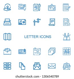 Editable 22 letter icons for web and mobile. Set of letter included icons line Spell, Mms, Notes, Diploma, Note, Typewriter, d, Crossword, Receipt, Invoice on white background