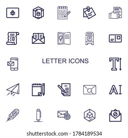 Editable 22 letter icons for web and mobile. Set of letter included icons line Spam, d, Note, Receipt, Papyrus, Mail, Postcard, Mailbox, Email, Text, Send on white background
