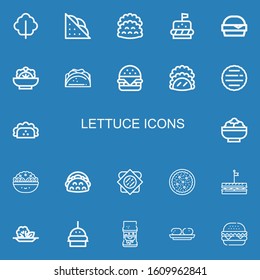 Editable 22 lettuce icons for web and mobile. Set of lettuce included icons line Lettuce, Sandwich, Tacos, Burger, Hamburger, Salad, Taco, Croquette on blue background