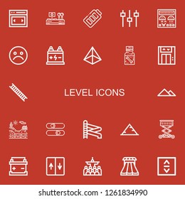 Editable 22 level icons for web and mobile. Set of level included icons line Slider, Control, Battery, Levels, Control panel, Unhappy, Pyramid, Dippel oil, Lift on red background