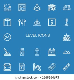 Editable 22 level icons for web and mobile. Set of level included icons line Geology, Control panel, Pyramid, Slider, Control, Elevator, Levels, Lift, Unhappy on blue background