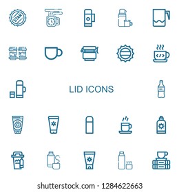 Editable 22 lid icons for web and mobile. Set of lid included icons line Bottle cap, Coffee cup, Thermo, Jar, Plastic bottle, Sun cream, Sun lotion, Thermos on white background