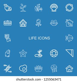 Editable 22 life icons for web and mobile. Set of life included icons line Orca, Sprout, Environment, Shell, Reuse, Egg, Home, Jellyfish, Nest, Eco, Blood bag on blue background