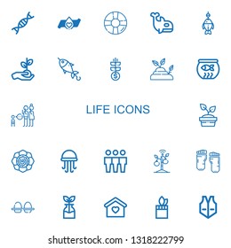 Editable 22 life icons for web and mobile. Set of life included icons line Genetic, Blood donation, Lifesaver, Orca, Fish, Plant, Grow, Sprout, Fish bowl, Parenthood on white background