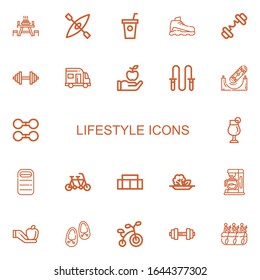Editable 22 lifestyle icons for web and mobile. Set of lifestyle included icons line Picnic table, Kayak, Smoothie, Sneaker, Barbell, Dumbbell, Caravan, Apple on white background