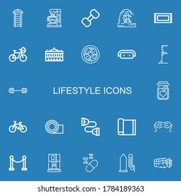 Editable 22 lifestyle icons for web and mobile. Set of lifestyle included icons line Treadmill, Coffee machine, Dumbbell, Skimboard, Rug, Bicycle, Palais garnier on blue background