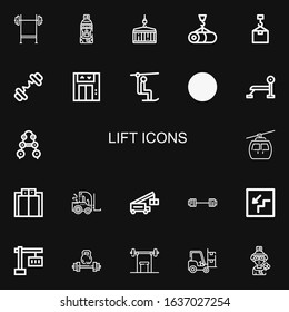 Editable 22 lift icons for web and mobile. Set of lift included icons line Bench press, Skier, Crane, Barbell, Lift, Chairlift, Stairs, Cableway, Elevator on black background