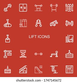 Editable 22 lift icons for web and mobile. Set of lift included icons line Barbell, Elevator, Weightlifting, Bench press, Ski, Crane, Forklift, Lift, Stairs on red background