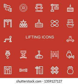 Editable 22 lifting icons for web and mobile. Set of lifting included icons line Chest expander, Weight, Dumbbell, Crane, Mass, Container, Bench press, Weightlifting on red background