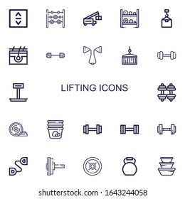 Editable 22 lifting icons for web and mobile. Set of lifting included icons line Lift, Weights, Crane, Dumbbell, Skin, Barbell, Chest expander, Weight, Weight plates on white background