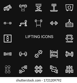 Editable 22 lifting icons for web and mobile. Set of lifting included icons line Crane, Dumbbell, Lift, Weight, Container, Barbell, Bench press, Resistance band on black background