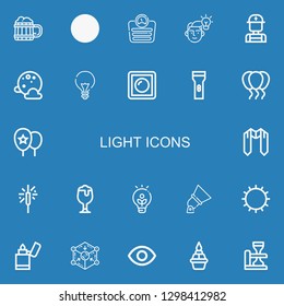 Editable 22 light icons for web and mobile. Set of light included icons line Beer, Sun, Scale, Idea, Electrician, Full moon, Dimmer, Flashlight, Balloons, Sash on blue background