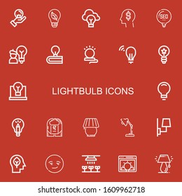Editable 22 lightbulb icons for web and mobile. Set of lightbulb included icons line Idea, Bulb, Think, Lamp, Brainstorm, Inspiration, Smart, Light on red background
