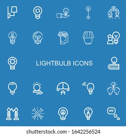 Editable 22 lightbulb icons for web and mobile. Set of lightbulb included icons line Lamp, Light, Idea, Thinking, Brainstorming, Electricity, Glow on blue background