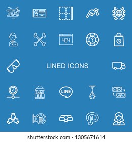 Editable 22 lined icons for web and mobile. Set of lined included icons line Delivery, Diploma, Border, Gas station, Global, Manager, Bones, , Help, Goggles on blue background