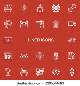 Editable 22 lined icons for web and mobile. Set of lined included icons line Bath, Manager, Bar, Global, Bone, Path, Delivery, Rating, Shipping, , Gas station on red background