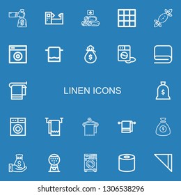 Editable 22 linen icons for web and mobile. Set of linen included icons line Money bag, Machine, Towels, Blanket, Tissues, Washing machine, Towel, Tissue, Napkin on blue background
