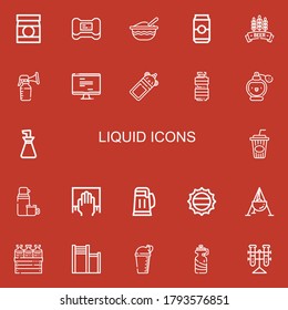 Editable 22 liquid icons for web and mobile. Set of liquid included icons line Baby food, Soap, Can, Beer, Breast pump, Monitor, Bottle, Oil, Perfume, Oil bottle on red background